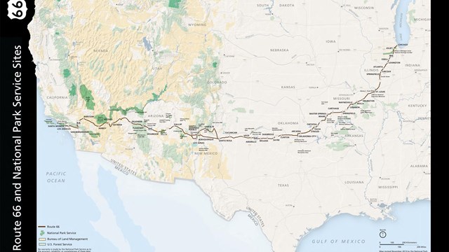 A map depicting a road from Chicago, Illinois, southwest, to Santa Monica, California.