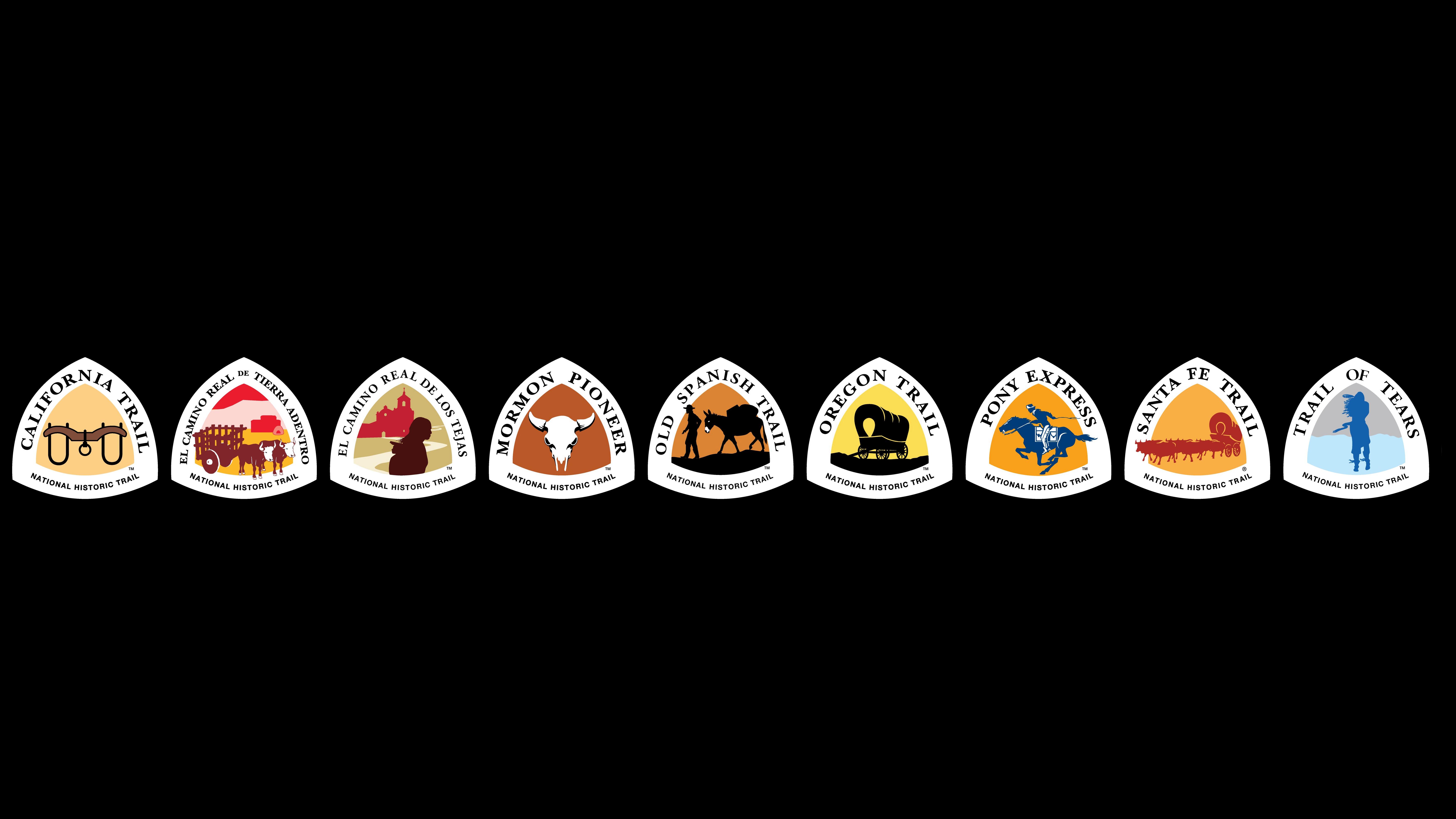 Logos representing ten national historic trails on a black background.