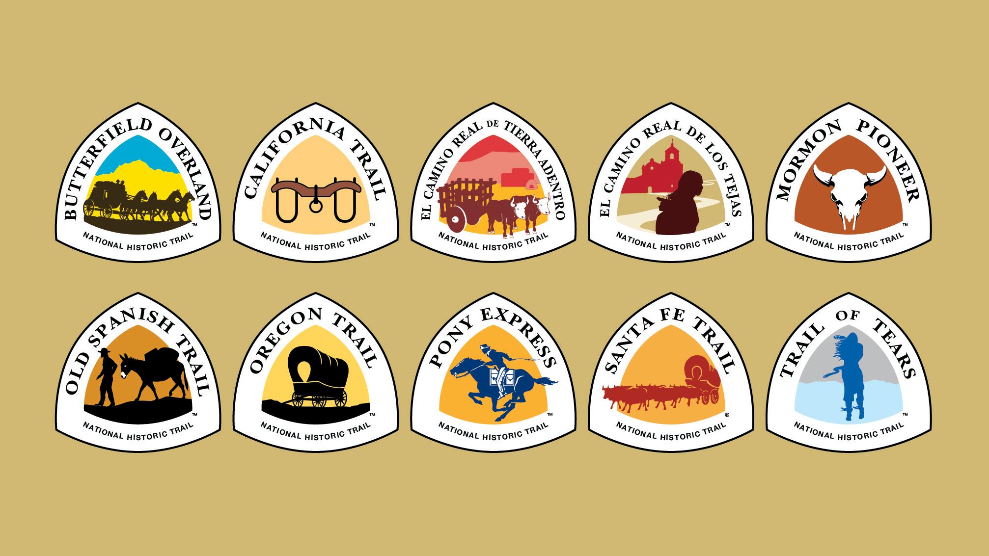 Tan background with ten trail logos each shaped like rounded triangles.