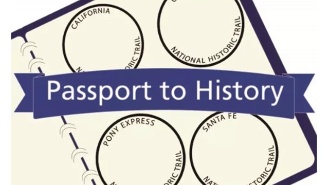 A book with four circular stamps and a banner with "Passport to History."