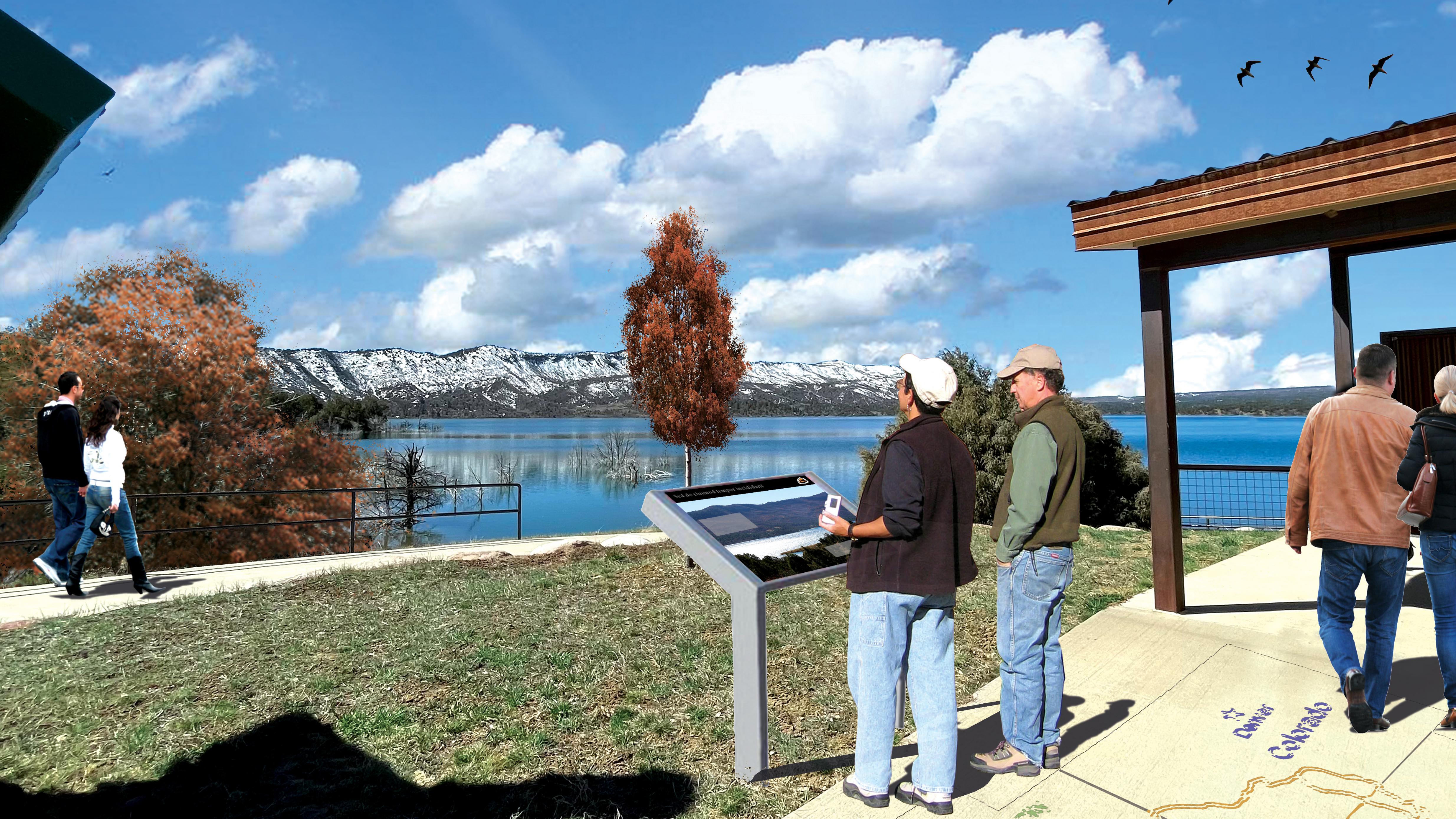 Rendering of an exhibit in a park environment near a lake.