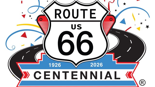 A shield logo with "Route US 66 Centennial"