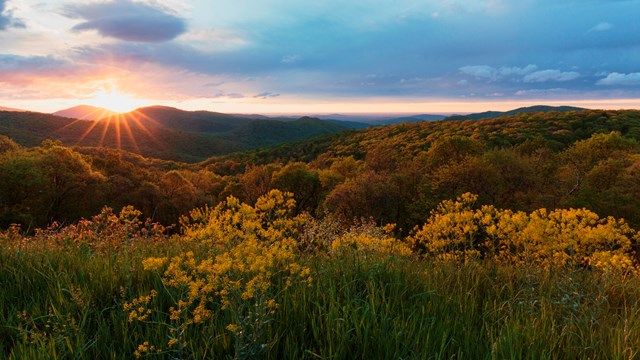 The morning sun rises over Shenandoah mountains. 