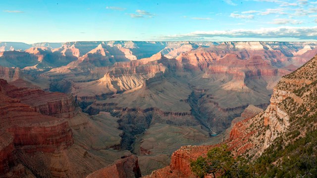 A wide view of the Grand Canyon showcasing its layered red rock formations under a clear sky
