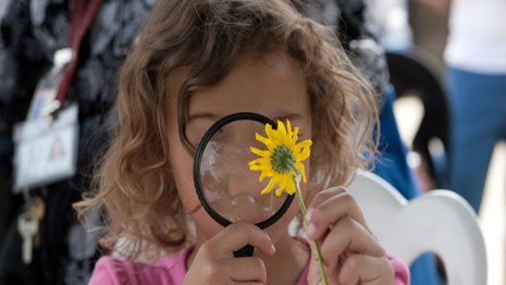 A girl looks at a flower with a magnifying glass.