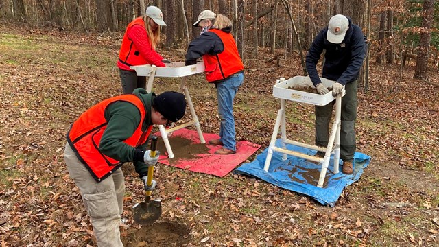 Archeologists dig holes and screen dirt for artifacts