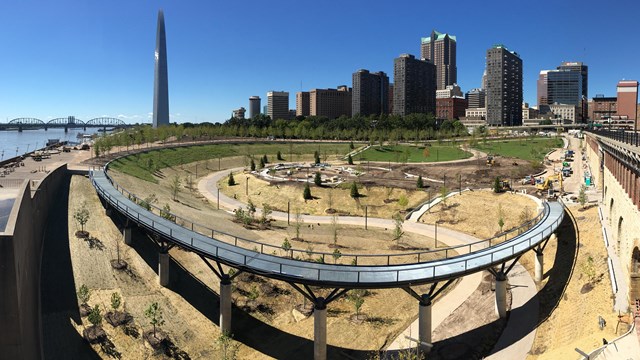 Arch City River project work with St. Louis skyline in the background