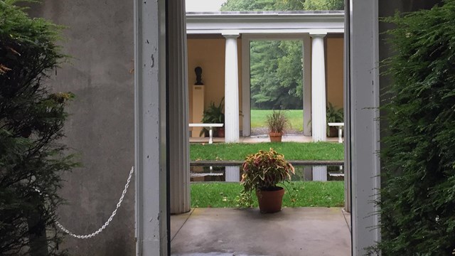 View through a doorway into the atrium at Saint-Gaudens National Historic Site