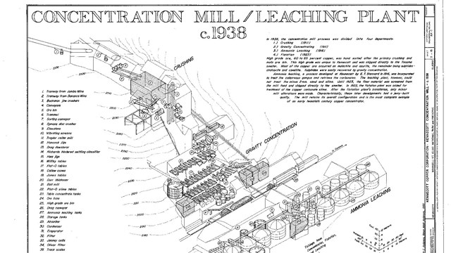 Measured drawing of concentrator mill and leaching plant, c. 1938, at Kennecott 