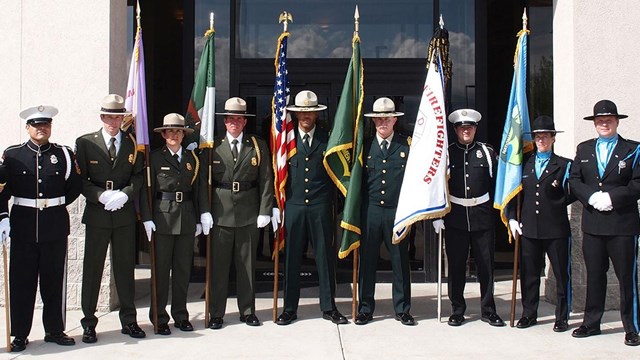 USFS, CalFire, BLM and NPS wildland fire honor guard members.