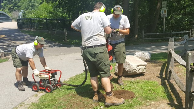 Three men in gray T-shirts and shorts us an auger to dig a hole.
