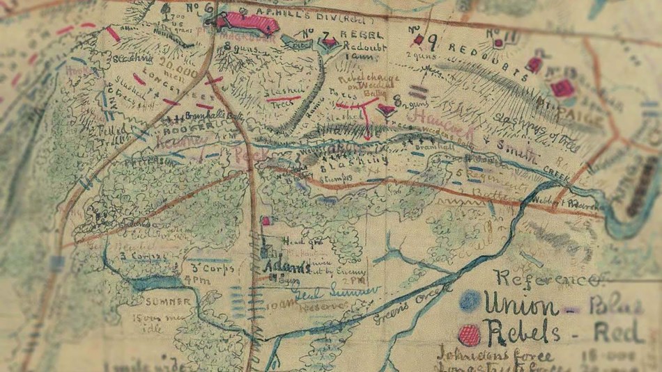 Hand-drawn map of Williamsburg battle shows Red lines for “Rebel” troop and blue lines for Union.