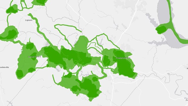 Google map with green blobs outlining battlefield boundaries