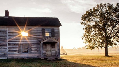 Two-story wooden house in grassy field at sunrise. Warm sun filters through window and tree limb