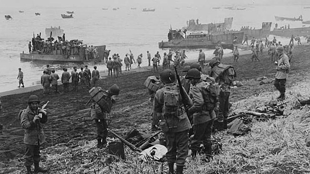 The American army lands boats at Massacre Bay during the Battle of Attu in Attu Island, Alaska.