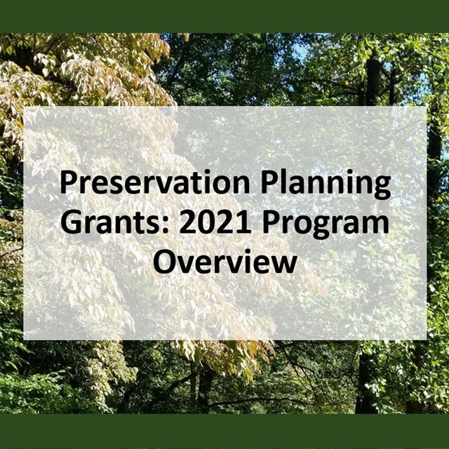 Opening slide for webinar with lush trees in background. Reads “Preservation Planning Grants: 2021 P