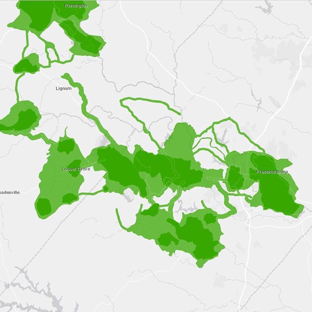 Google map with green blobs outlining battlefield boundaries