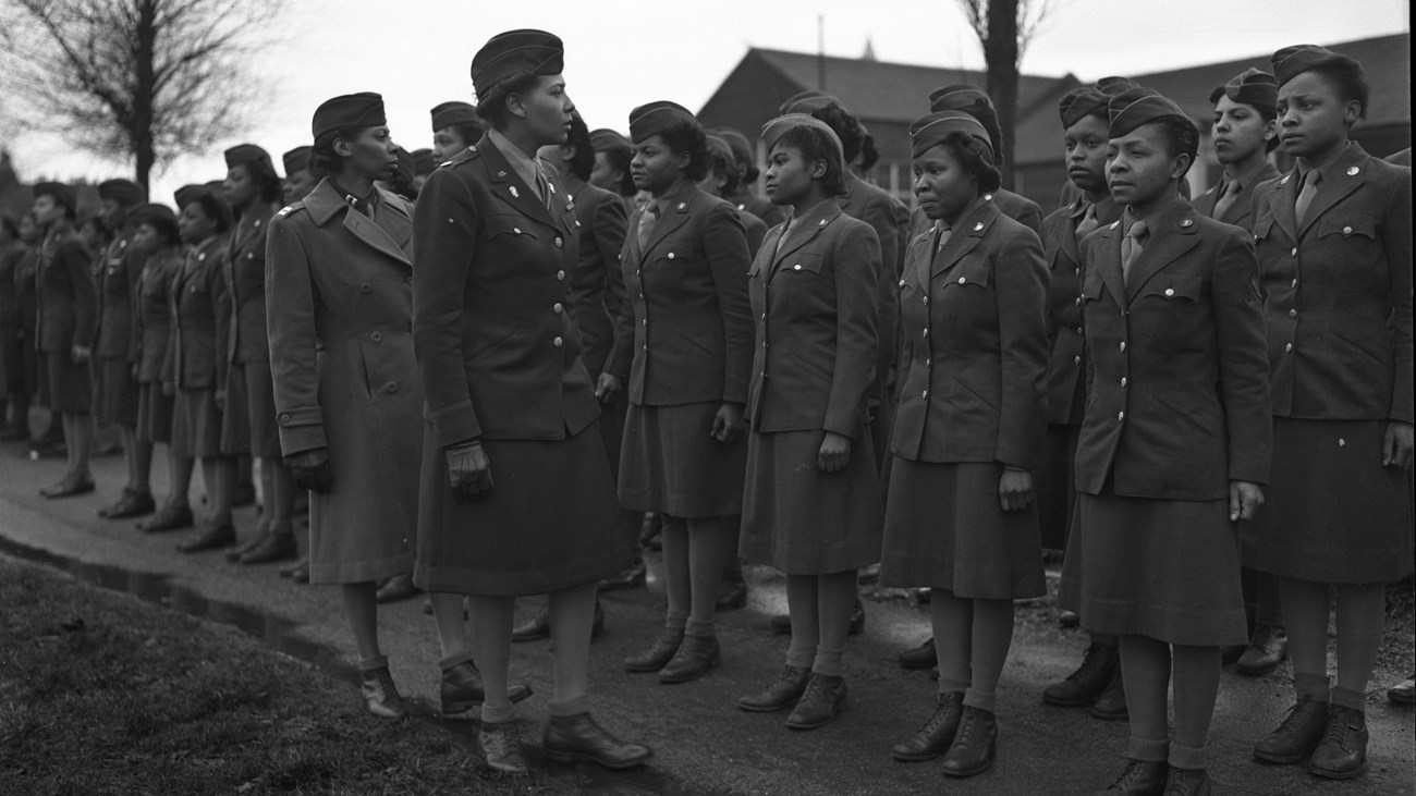 Photograph of WAC Officers Inspecting the 6888th Central Postal Directory Battalion