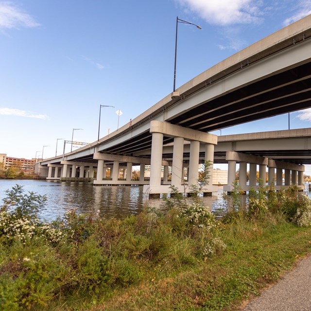 a multi-lane bridge crossing the Anacostia River