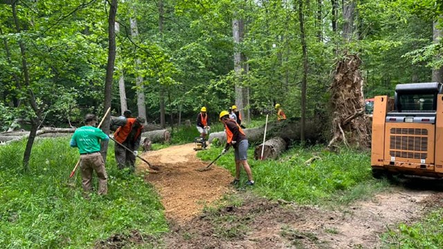 volunteers repairing a trail in Greenbelt Park, Maryland