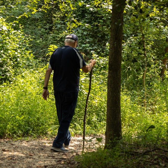 A man hikes on a trail carrying a walking stick.