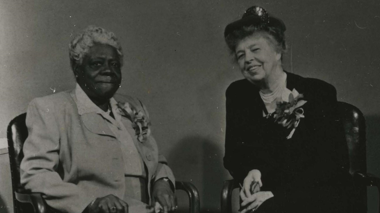 A portrait of Mary McLeod Bethune and Eleanor Roosevelt sitting next to eachother
