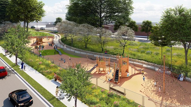 3D rendering of a playground lined with sidewalks and trees.