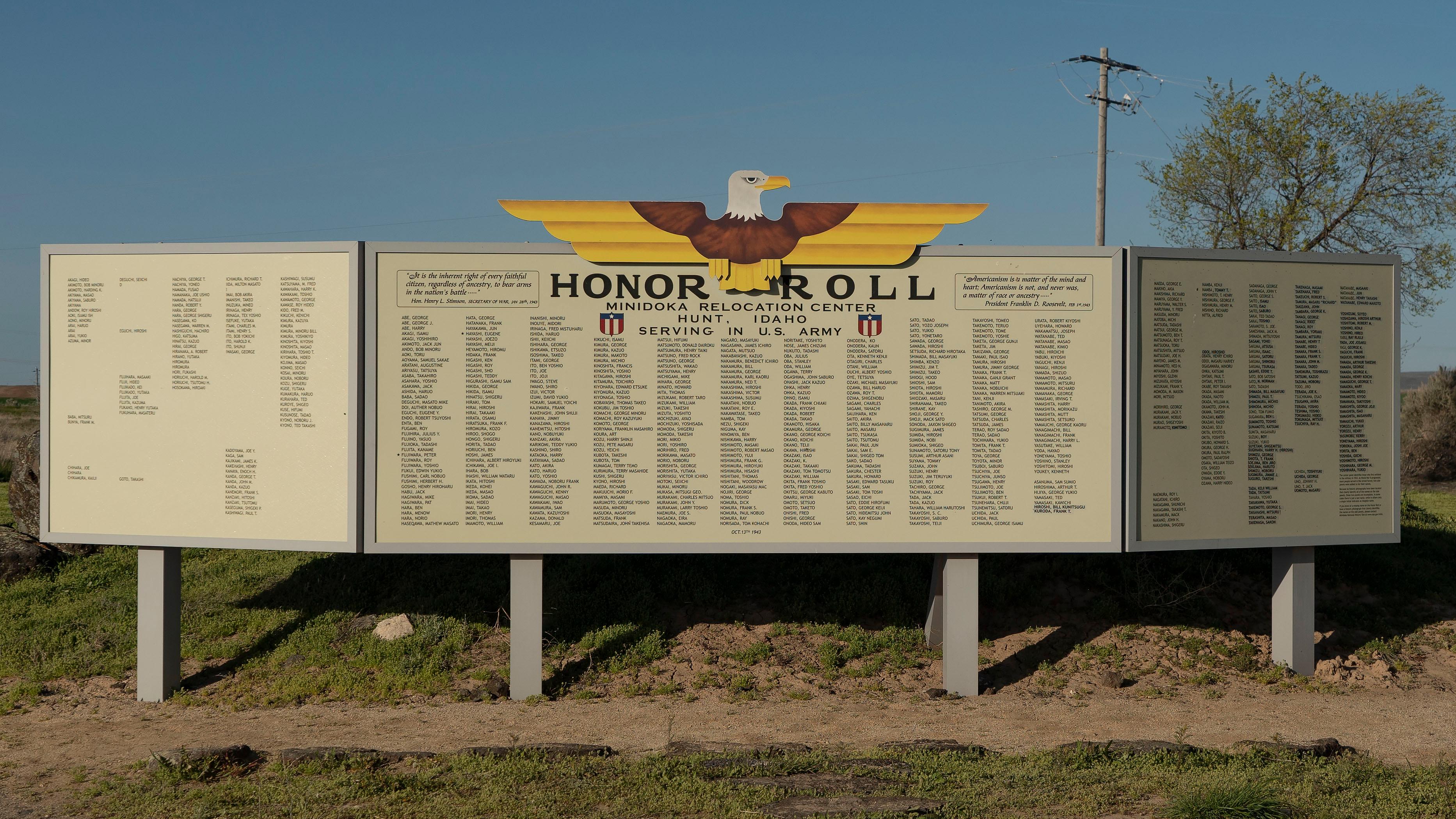 Memorial wall titled "Honor Roll" listing the names of Japanese Americans WWII service members