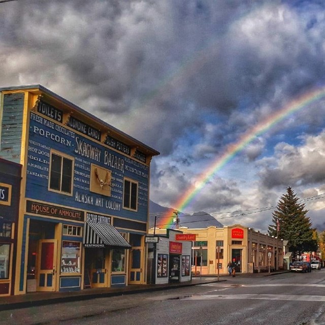 Rainbow behind a historic downtown