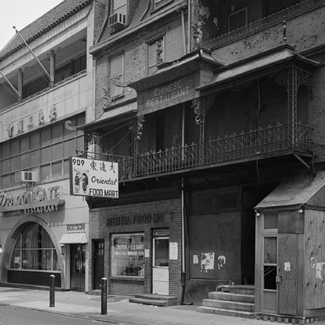 A Chinese restaurant above a food mart on Race Street, Philadelphia, Pennsylvania.