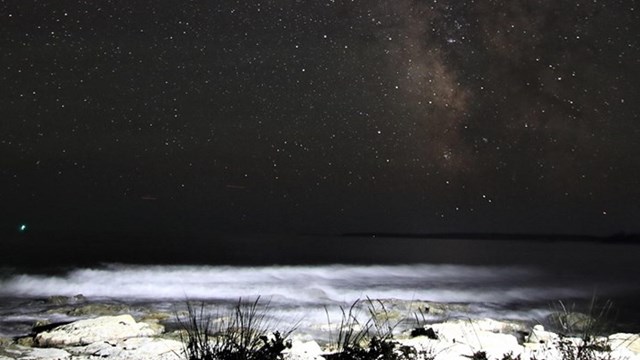 Stars shine over the ocean with an illuminated wave