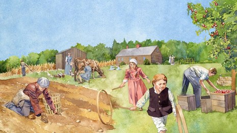 An illustration of people playing and working on a sunny farm