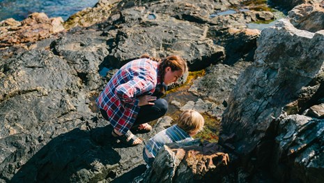 Woman and child explore pools and crevices in rocks along coastline