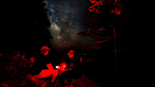 Two people using red lights on a beach at night