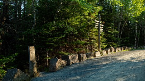Wooden sign and trailhead marker along a road