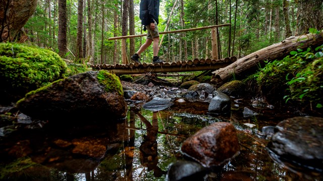 Person walking on a bridge over a creek