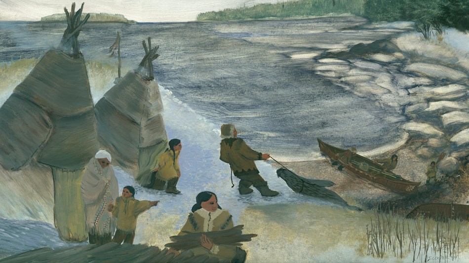 Illustration of indigenous people on a shoreline