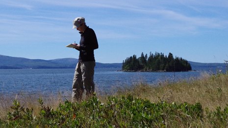 Woman in a field along coastline writes in a note pad