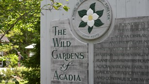 Entrance sign with image of flower and words