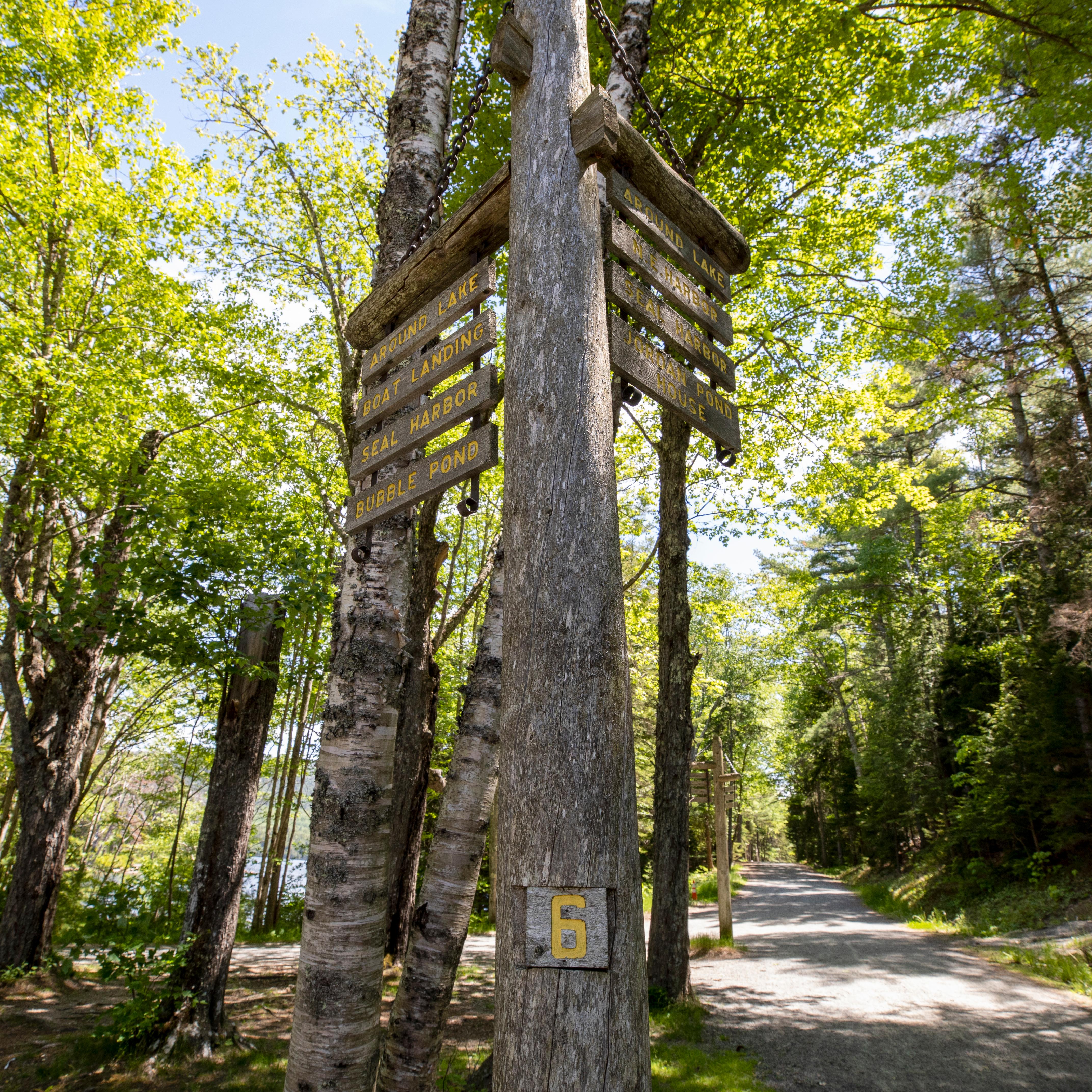 Wooden sign post with direction for carriage roads