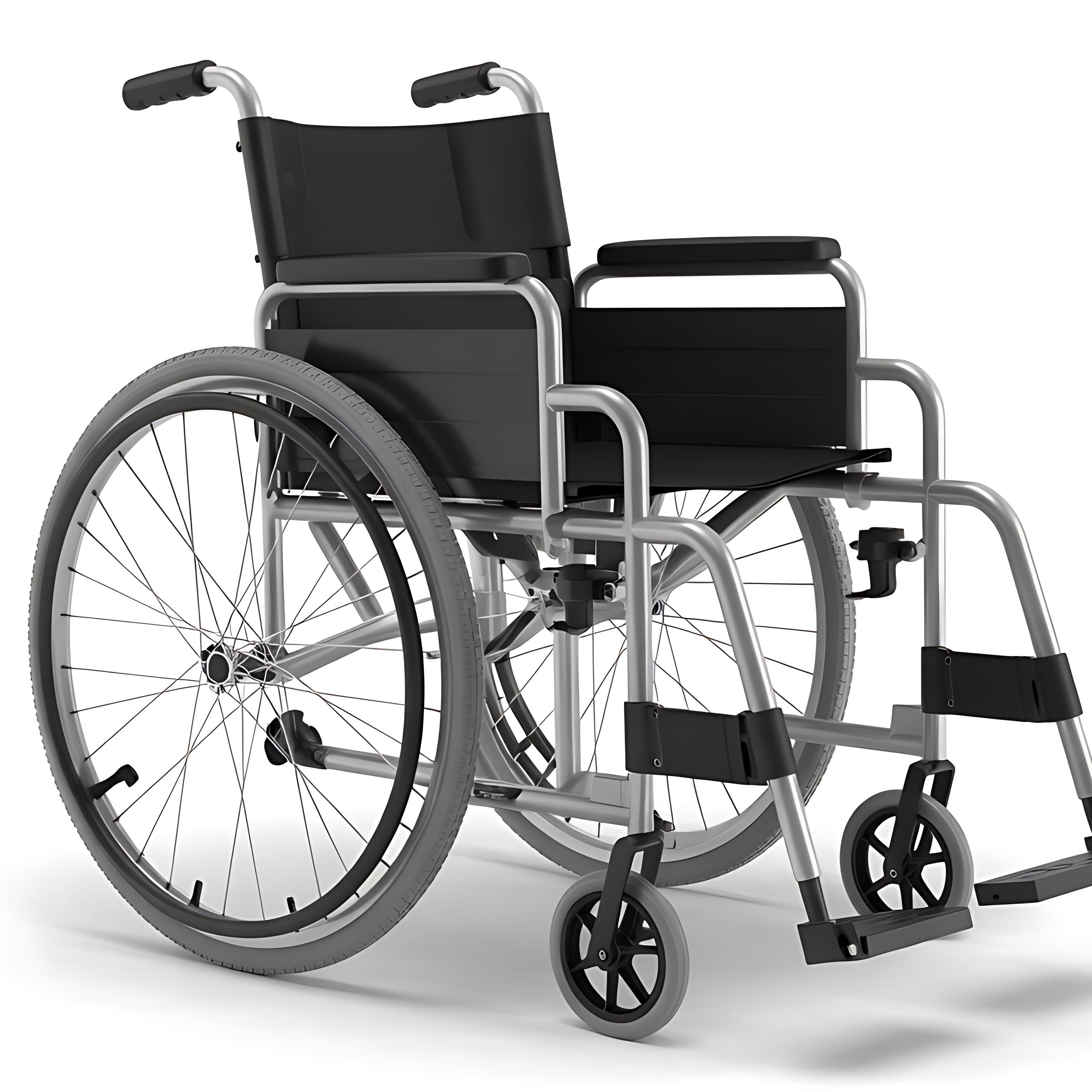 Photograph of an empty wheelchair against a white background