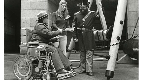 Woman in Wheelchair speaking to others circa 1980, Golden Gate 
