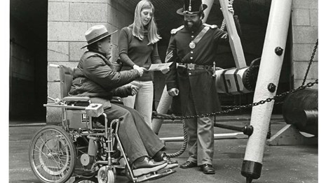 Woman in Wheelchair speaking to others circa 1980, Golden Gate