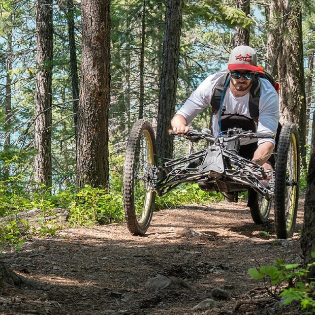 Man riding his off-road wheelchair through a pine forested trail.  
