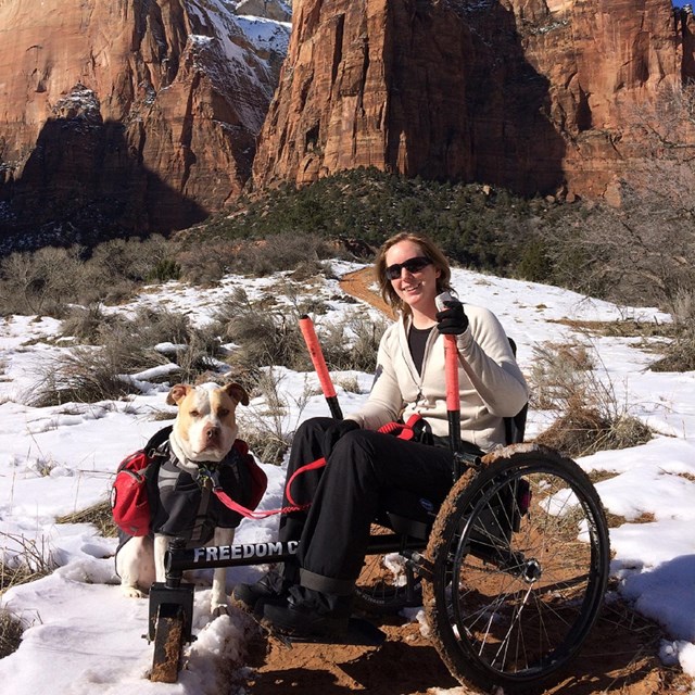 Woman in a off-road wheelchair hiking in Zion National Park with her service animal.  