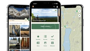 Three phones highlighting the tour and map features of the NPS app