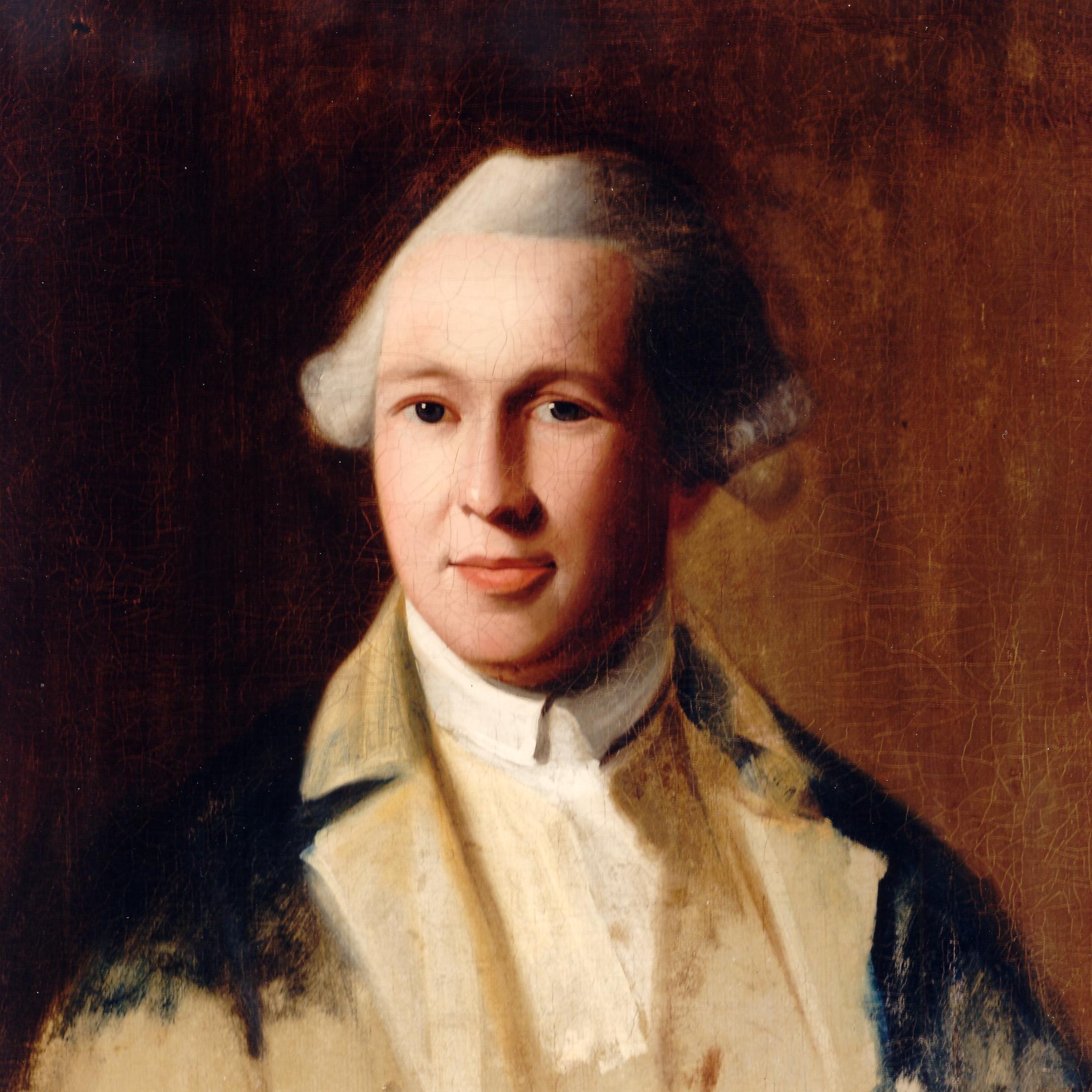 Portrait of a man wearing a white wig and blue coat with beige lapel, incomplete from the chest down