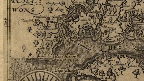 detail of a 1624 map showing Point Comfort, Virginia