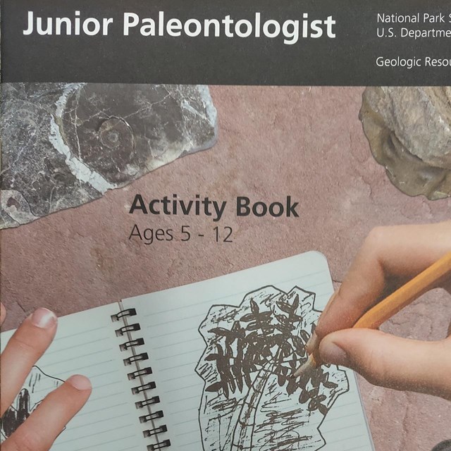 A hand sketches a drawing in a notebook on the NPS Paleontology book.