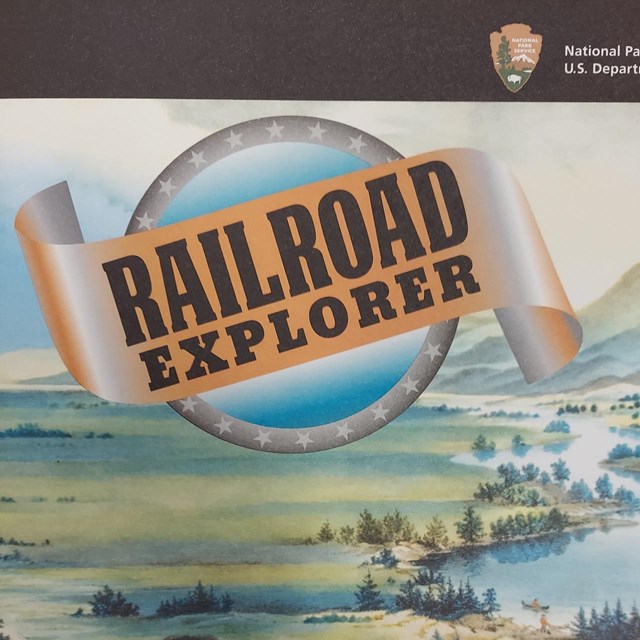 Railroad Explorer banner on a circular background outlined with stars.